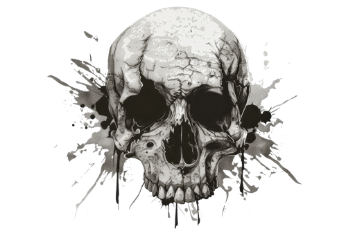 Grunge skull illustration with splatter effects, perfect for Halloween designs or edgy graphics. Dark and artistic, it captures a macabre aesthetic. png