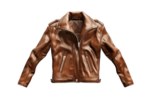 High-quality brown leather jacket with zip closure and pockets. Perfect for stylish, casual, or biker wear. Iconic outerwear fashion piece. png