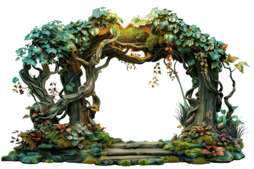 Enchanted forest archway with lush greenery, vibrant flowers, and twisted vines, creating a magical, fairy-tale scene. png