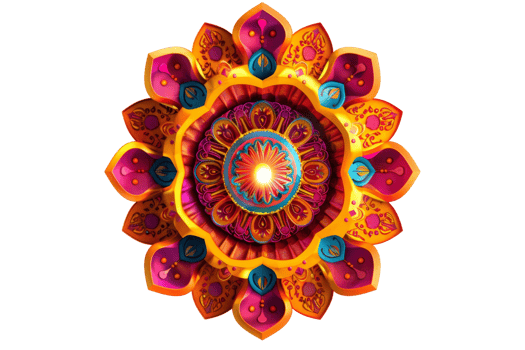 Intricate multicolored mandala design with vibrant hues and detailed patterns, creating a mesmerizing and artistic visual centerpiece. png