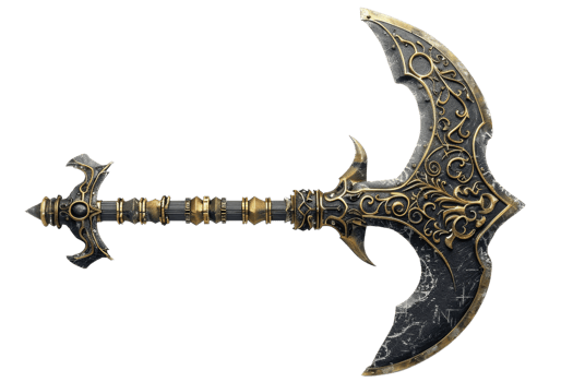 Intricately designed medieval battle axe with ornate details and gold accents, isolated on a transparent background. for fantasy and historical themes. png