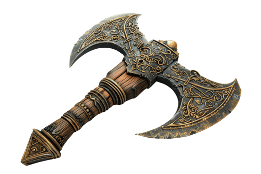 Intricately designed double-headed fantasy axe with ornate carvings and a wooden handle, perfect for medieval or fantasy-themed settings. png