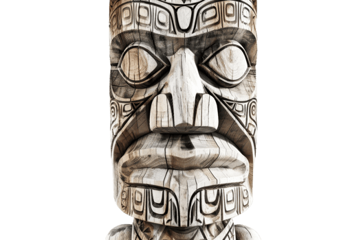 Intricately carved wooden statue, showcasing detailed tribal designs and facial features, isolated on a transparent background. png