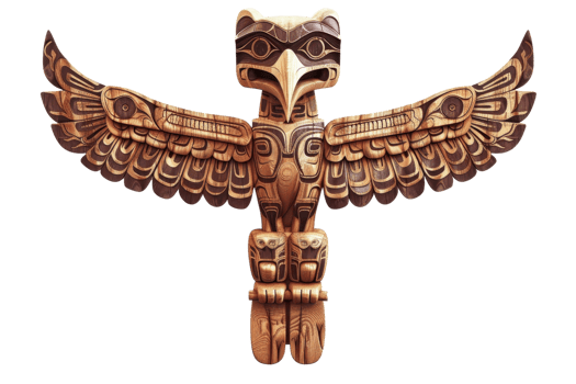 Intricate Native American totem pole featuring detailed carvings of animals, representing cultural and spiritual significance. png