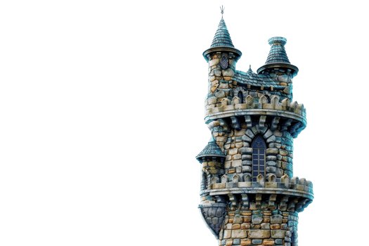 Medieval stone tower with intricate architecture and turrets against a clear sky. Strong historic and fairy-tale ambiance. png