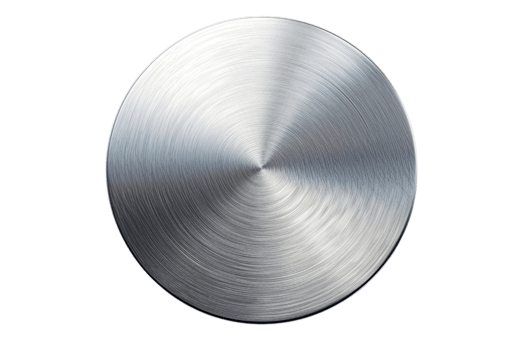 Minimalist metallic circular button with brushed steel finish, isolated on transparent background. Ideal for technology or industrial design projects. png