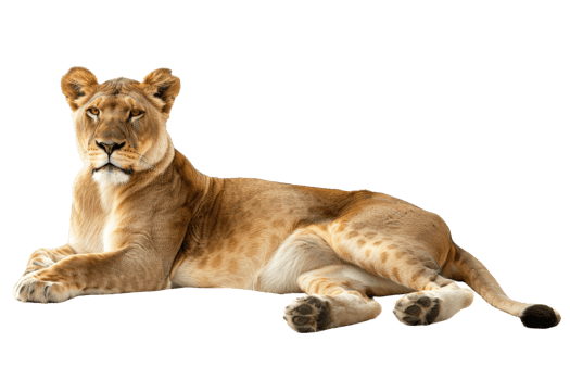 A majestic lioness lounges on the ground, displaying grace and strength in her natural habitat. png