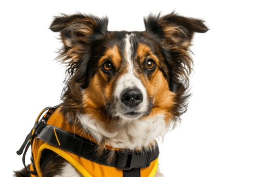 Adorable dog wearing a bright life jacket looking attentively. Perfect for pet-related content or safety themes. png