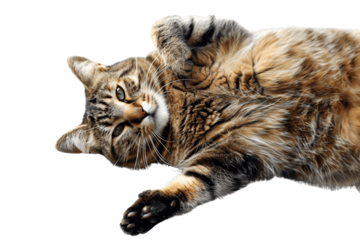 Adorable tabby cat lying on its back, showing off its fluffy fur and playful expression, isolated on a transparent background. png