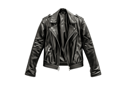 Black leather jacket with zippers and classic design. Ideal for casual wear or riding. Stylish, trendy, and versatile outerwear. png