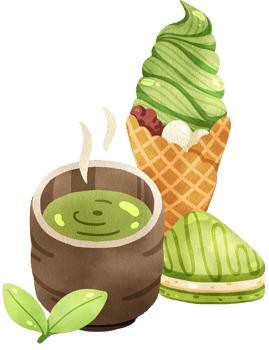 Matcha ice-cream soft serve with hot matcha, Japanese dessert, watercolor digital hand drawn png