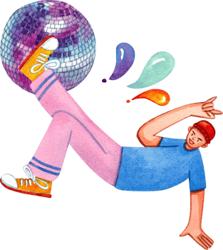 Teenage boy dancing, a disco ball ,Hand-drawn watercolor painting illustration png