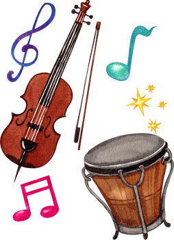 Violin and wood drum,musician instrument ,Handdrawn watercolor painting illustration png