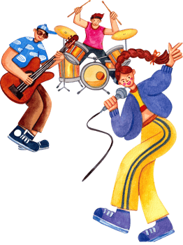 A small band with a singer, guitarist and drummer ,Hand-drawn watercolor painting illustration png