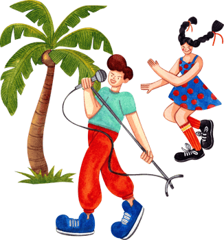 Singers and dancers perform near coconut trees,Hand-drawn watercolor painting illustration png