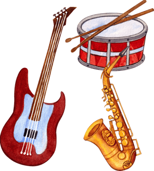 musical instrument have a guitar, saxophone and tenor drumb, Hand-drawn watercolor painting illustration png