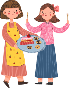 woman serving strawberry cake to happy friend, hand-drawn digital painting illustration png
