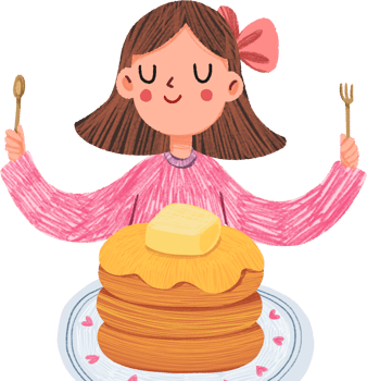 Smiling woman with bow eating pancakes, hand-drawn digital painting illustration png