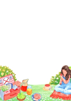 A cute woman sitting and eating fruit at a picnic in the garden, Vertical frame, watercolor painting hand-drawn illustration png