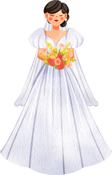 Happy Bride in White Dress Holding Bouquet, Hand Drawn Illustration Watercolor png