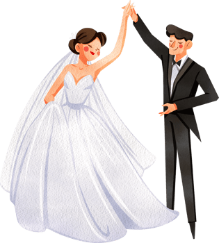 Bride in White Dress, Groom in Black Suit Happily Dancing Together, Hand Drawn Illustration Watercolor png