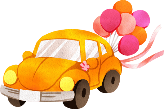 Classic Yellow Wedding Car Decorated with Large Bunch Balloons, Hand Drawn Illustration Watercolor png