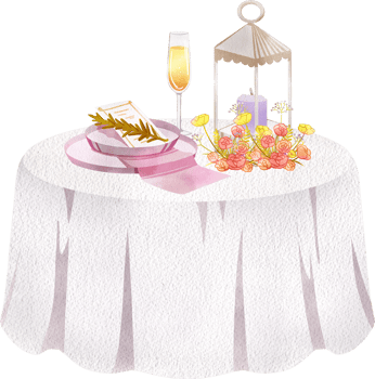 Wedding banquet table set with plates, champagne and lanterns, Hand Drawn Illustration Watercolor png