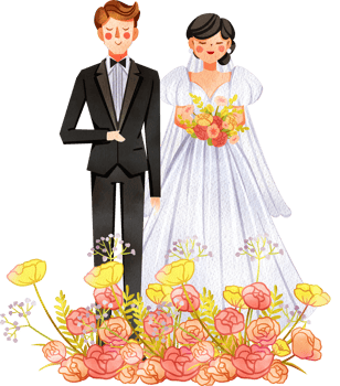 The Bride and Groom Stand Facing Forward with Flowers Bouquet, Hand Drawn Illustration Watercolor png