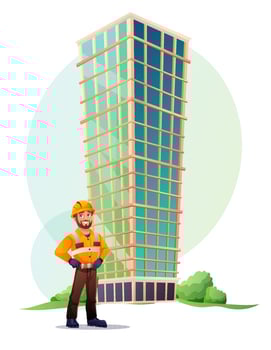Concept of construction of multi-storey buildings. Illustration for construction company. Completed office building and male builder. Illustrations in cartoon style on white background. vector