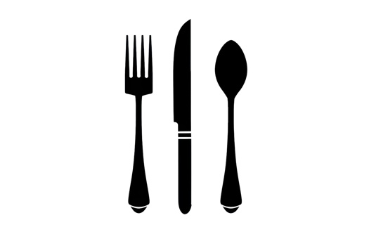 Black silhouette of a fork, knife, and spoon on a transparent background. Minimalist cutlery set illustration ideal for restaurant or kitchen designs. png