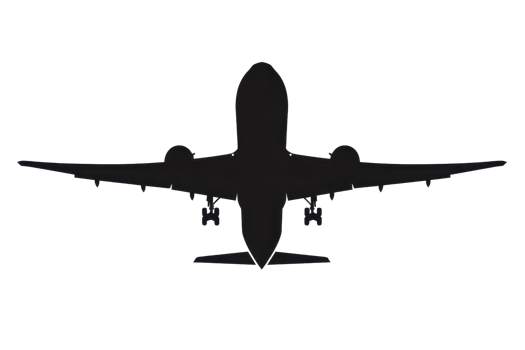 Silhouette of a modern airplane in flight viewed from below against a clear sky. Ideal for travel, aviation, and transportation themes. png