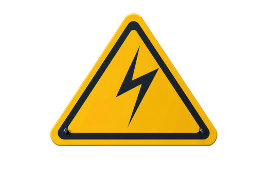 Yellow triangle warning sign with black lightning bolt icon indicating electrical hazard or high voltage danger. Isolated on transparent background. png