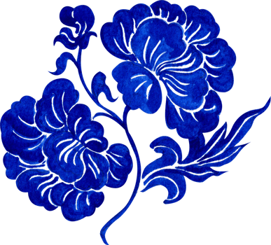 blue peony vine with two large flowers and one bud in the center, hand-drawn watercolor illustration png