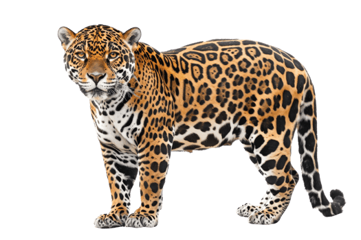 A striking jaguar with a powerful stance showcasing its beautifully patterned fur, standing proudly against a plain background. png