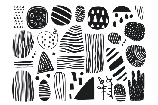 Abstract black and white geometric shapes and patterns. Diverse design elements with lines and dots, creating a modern aesthetic. png