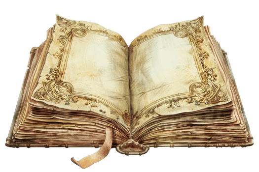 Ancient open book with ornate decor and empty pages, inviting imagination and creativity from the past into the present. png