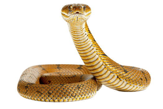 Close-up of a coiled golden snake raising its head, isolated on a transparent background. showcasing intricate scales and patterns. png