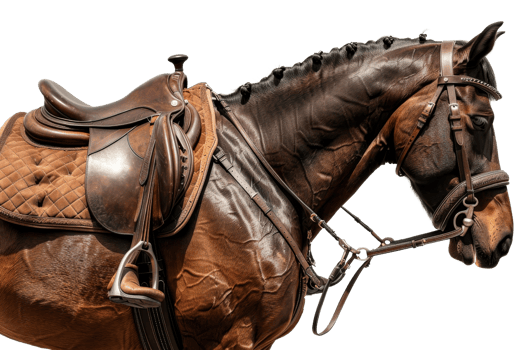 Close-up of a brown horse with detailed tack, highlighting the saddle, bridle, and reins, perfect for equestrian themes or ranch promotions. png