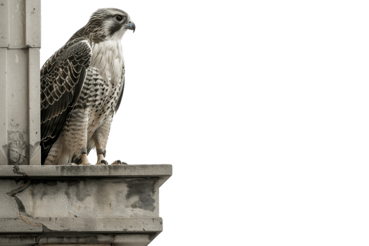 Close-up of a majestic falcon perched on an ornate stone ledge, showcasing its detailed feathers and alert gaze. png