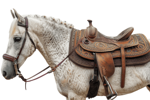 Close-up of a white horse with a detailed, ornate leather saddle, showcasing intricate designs and craftsmanship. png