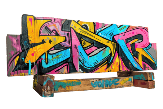 Colorful street art graffiti on a wooden plank, featuring bold and vibrant artistic expressions in neon hues. png