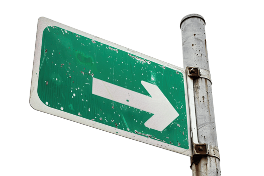 Green directional road sign with white arrow pointing right. Weathered and aged, isolated on transparent background. for stock photo use. png