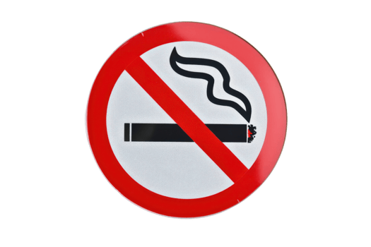 No smoking sign with cigarette and smoke in red circle, isolated on a transparent background. representing health and safety regulations. png