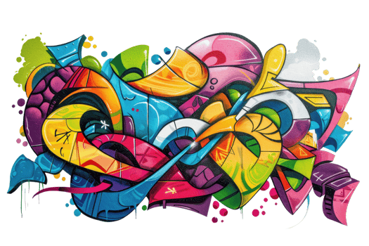 Vibrant graffiti mural with abstract shapes and colorful patterns creating a dynamic urban art piece full of energy and creativity. png