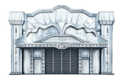 Vintage cinema entrance with an ornate, grand design featuring vertical pillars and a curved marquee, evoking a sense of classic architecture. png