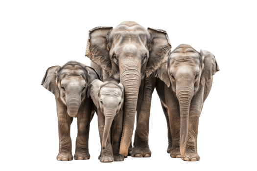 A family of four elephants standing closely together, showcasing their majestic size and strong family bond in natural habitat. png