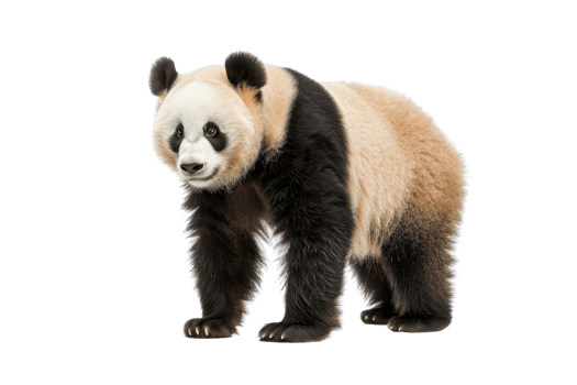 A high-quality image of a giant panda standing against a transparent background. showcasing its distinctive black and white fur pattern. png