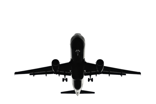 Front view of an airplane in flight against a dark background, emphasizing aviation and travel concepts. png
