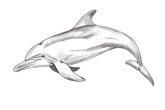 Detailed illustration of a dolphin swimming gracefully in the ocean, showcasing its sleek body and playful nature against a transparent background. png
