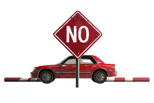 Red car stopped by barrier with prominent no entry sign, representing traffic restriction and roadblock concept. png
